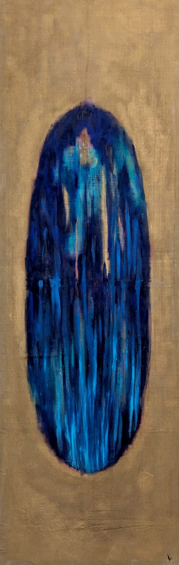 A transformative mixed media artwork on canvas, inspired by the mystical number 7, blending rich golds and blues to evoke light and spirituality.
