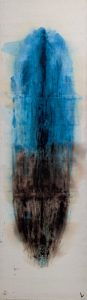 A striking painting on ancient canvas, dominated by deep blue hues, exploring themes of transformation and introspection within the "VALCO" series.