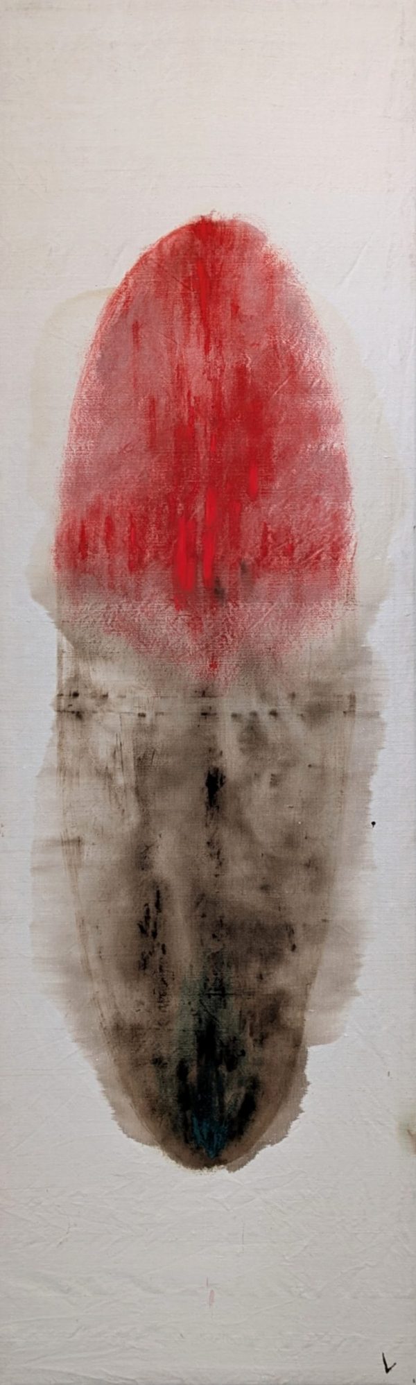 An evocative oil painting on canvas that captures the traces of emotions through vivid red hues, symbolizing action and creativity.