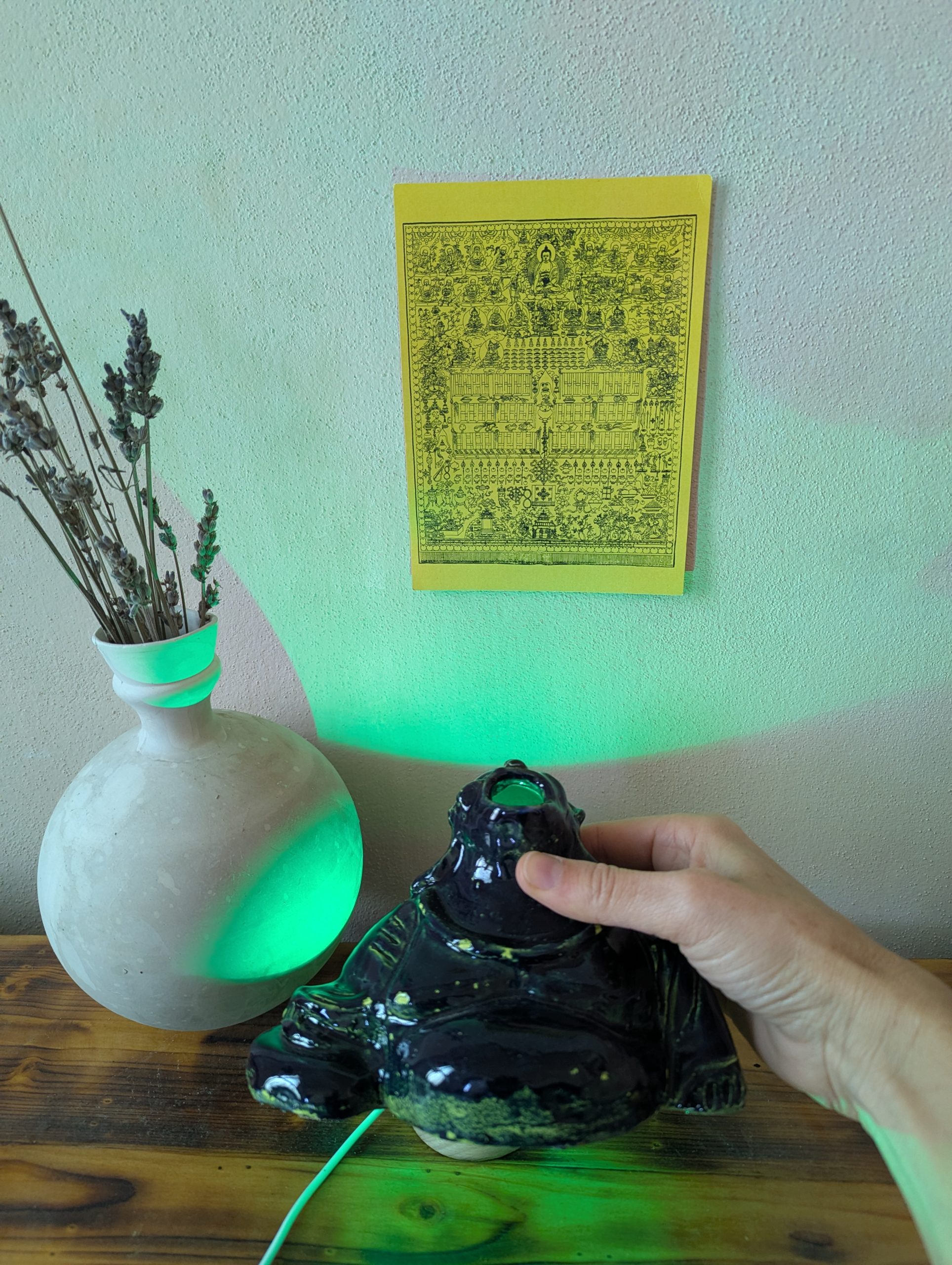 “Blue and lime Buddha lamp" 12.5 cm 9 cm 9.50 cm with light